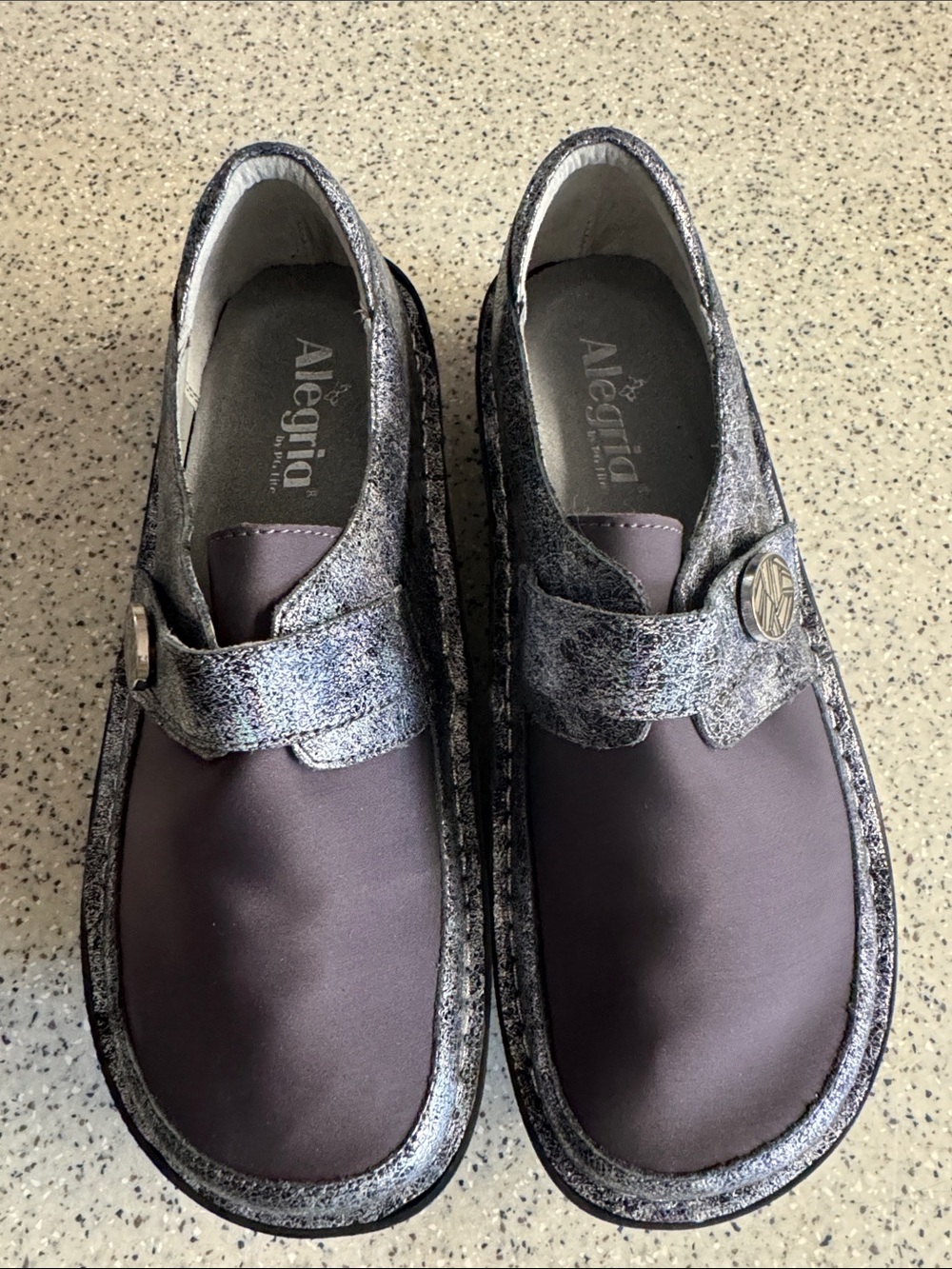 Alegria Den -735 Purple and Silver Slip-On Clogs.Size 9